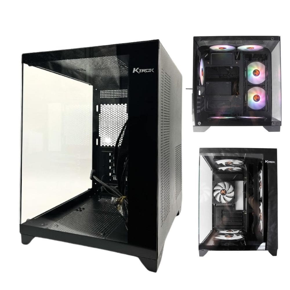 Gabinete Gamer Ktrok Cubo Preto Aquario Lateral Frente Vidro