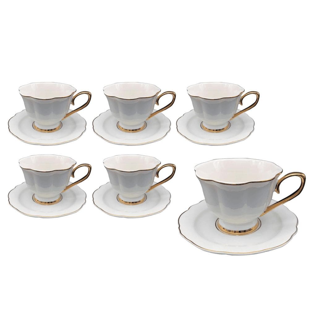 Jogo 6 Xícaras De Café Pires 90Ml Borda Dourada Porcelana