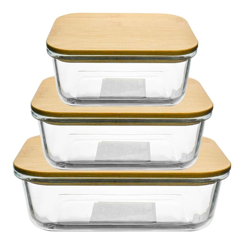 Jogo Potes Herméticos Vidro Tampa Bambu 3 Peças Vista Home