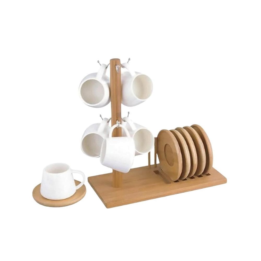 Jogo 6 Xícara Para Café 90Ml Pires E Suporte Bambu Haskraft