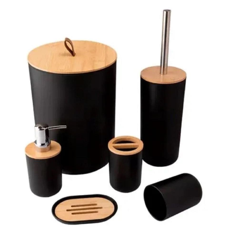 Kit Banheiro Com Tampa De Bambu Com 6 Peças Lixeira Fechada
