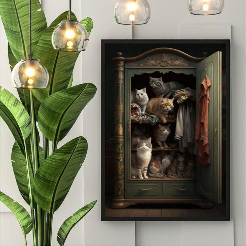 Quadro Decorativo Vintage Gatos No Armário 45X34Cm