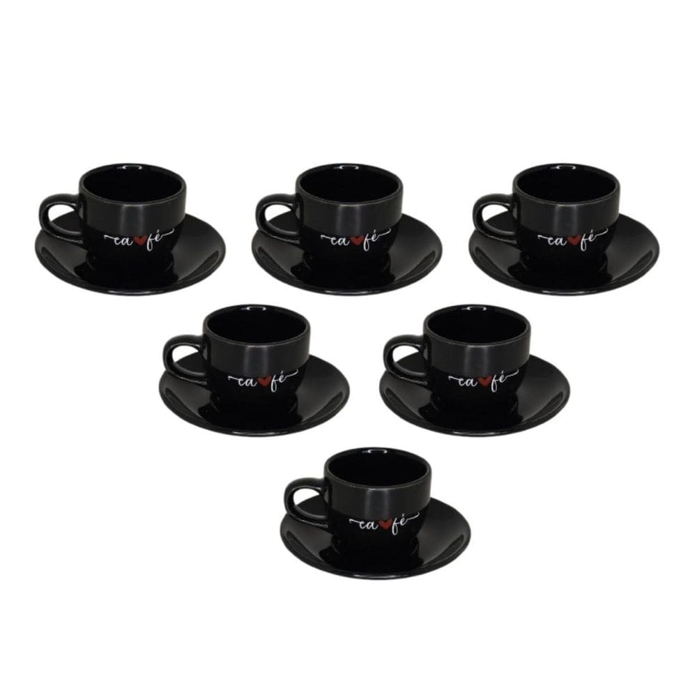 Jogo De 6 Xicaras Com Pires Preto 90Ml Veneza - Ad
