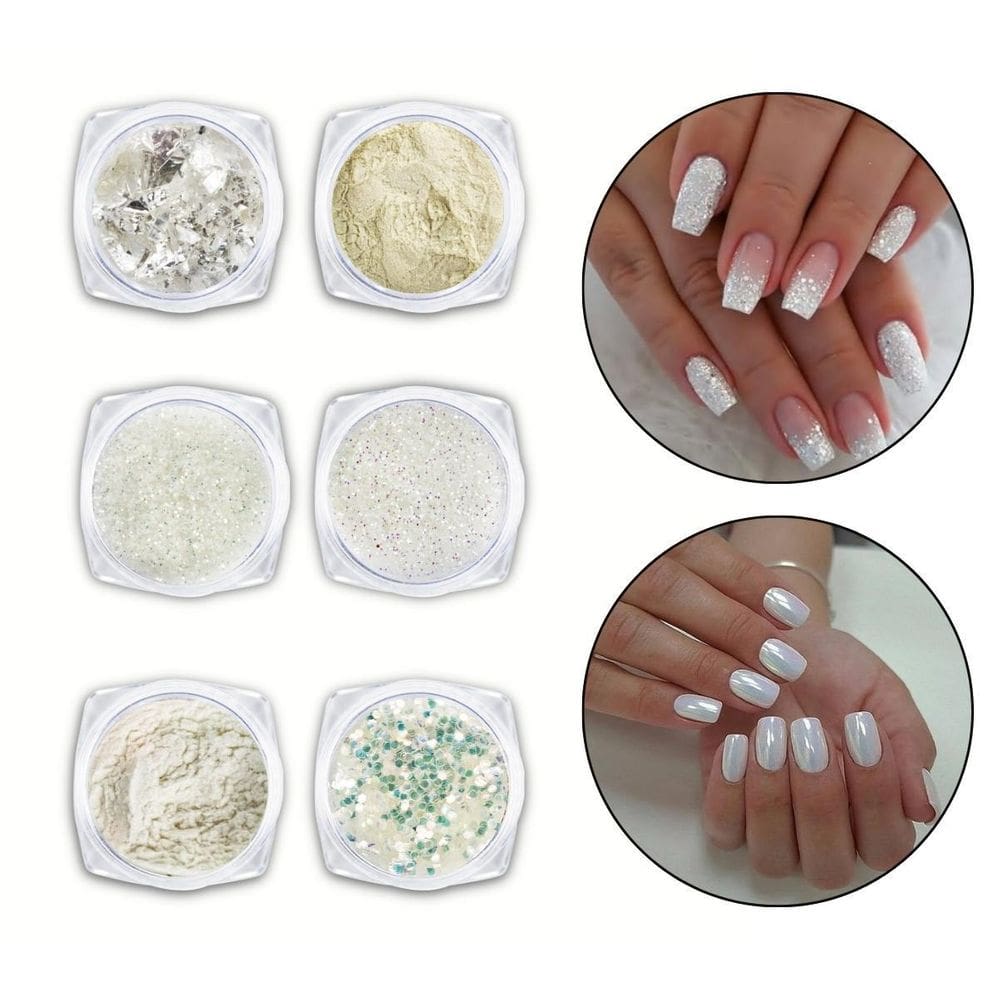 Kit 6 Glitter Pó Cromado Metalizado Unhas De Gel Branco