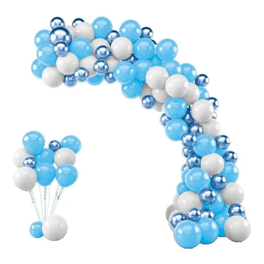 Kit 125 Balões Bexiga Azul Claro + Branco + Azul Metalizado