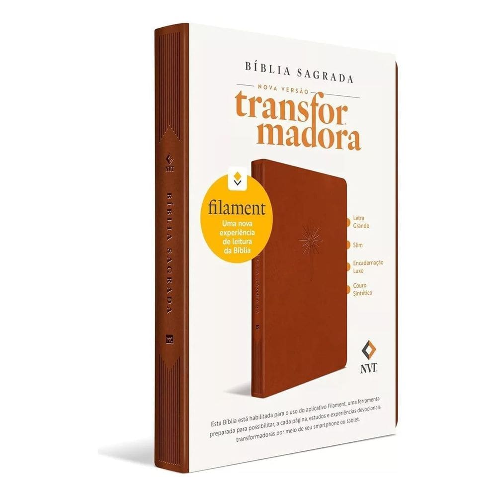 Bíblia NVT - Slim - Letra Grande - Marrom, Luxo Couro Sintético - Habilitada Para Filament