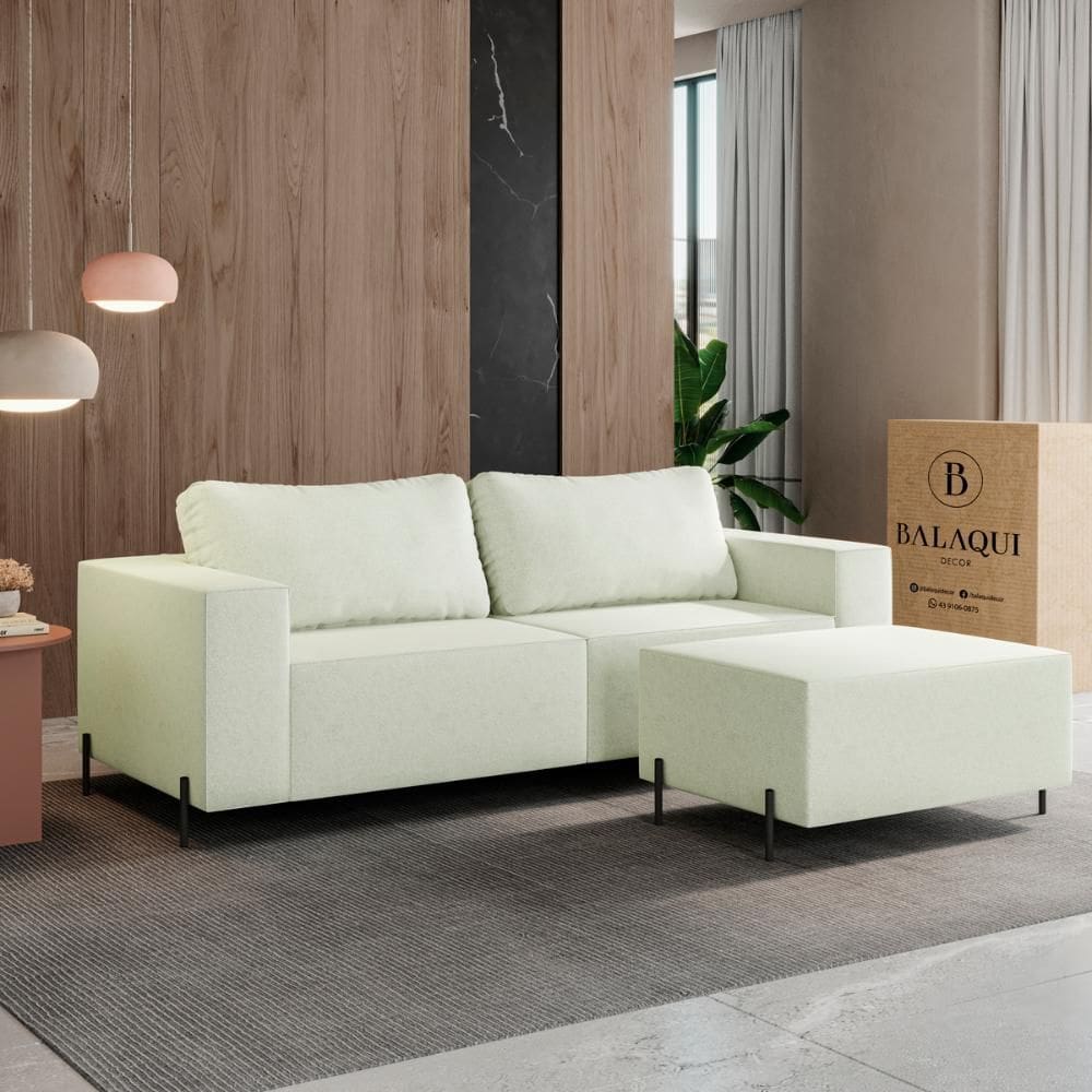 Sofá 3 Lugares Sense Moderno Bouclê com Puff Balaqui Decor
