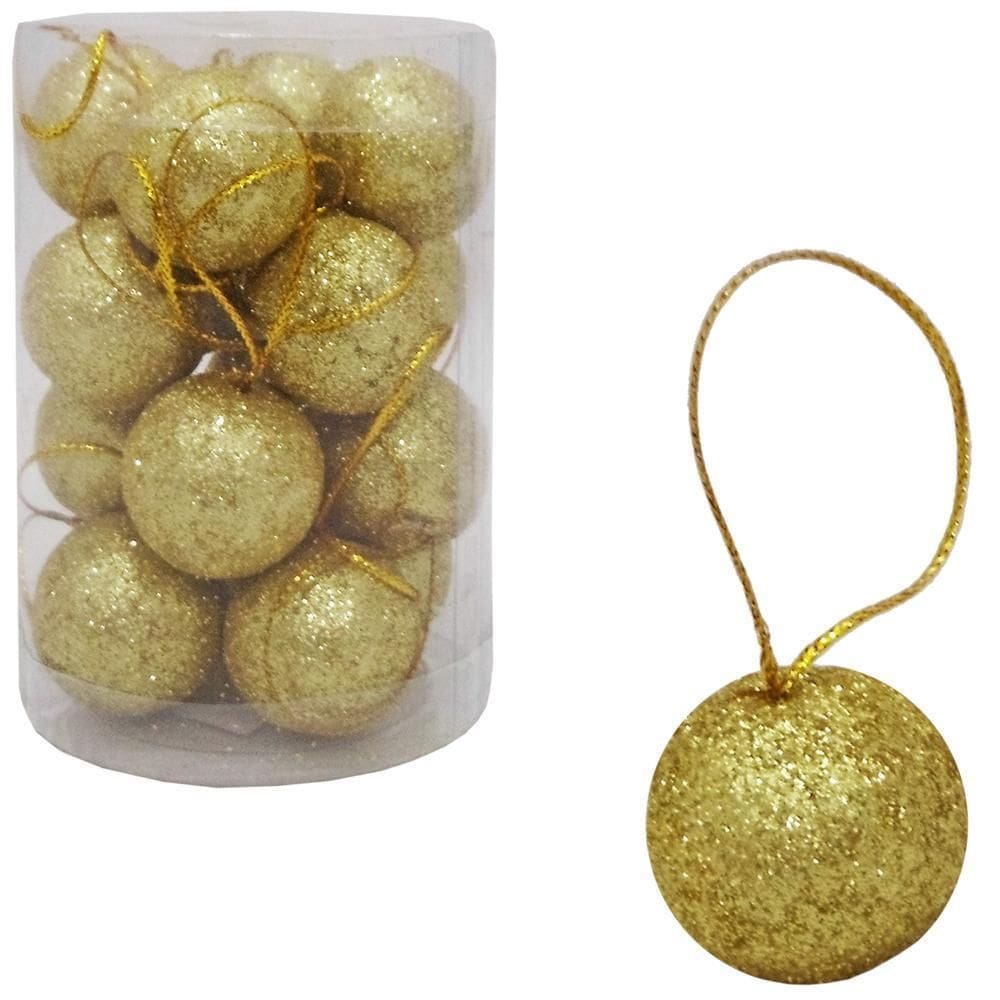 Bola De Natal Dourada Com Glitter 16 Peças 3Cm