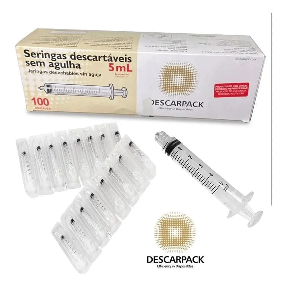 Seringa Descartável S/ Agulha Bico Rosca Dupla 5Ml - 100 Uni
