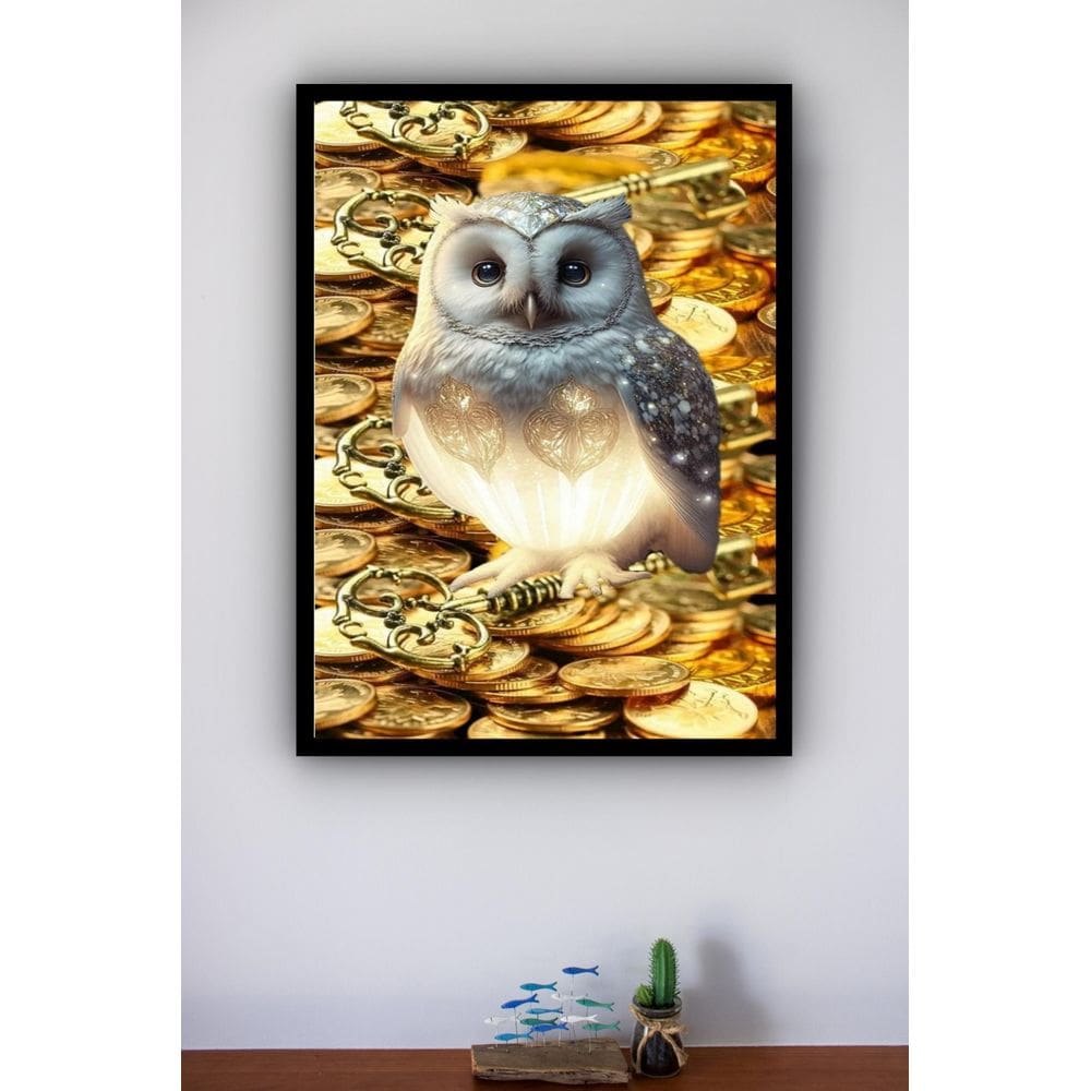 Quadro Decorativo Coruja Ouro Prosperidade - 70X50Cm
