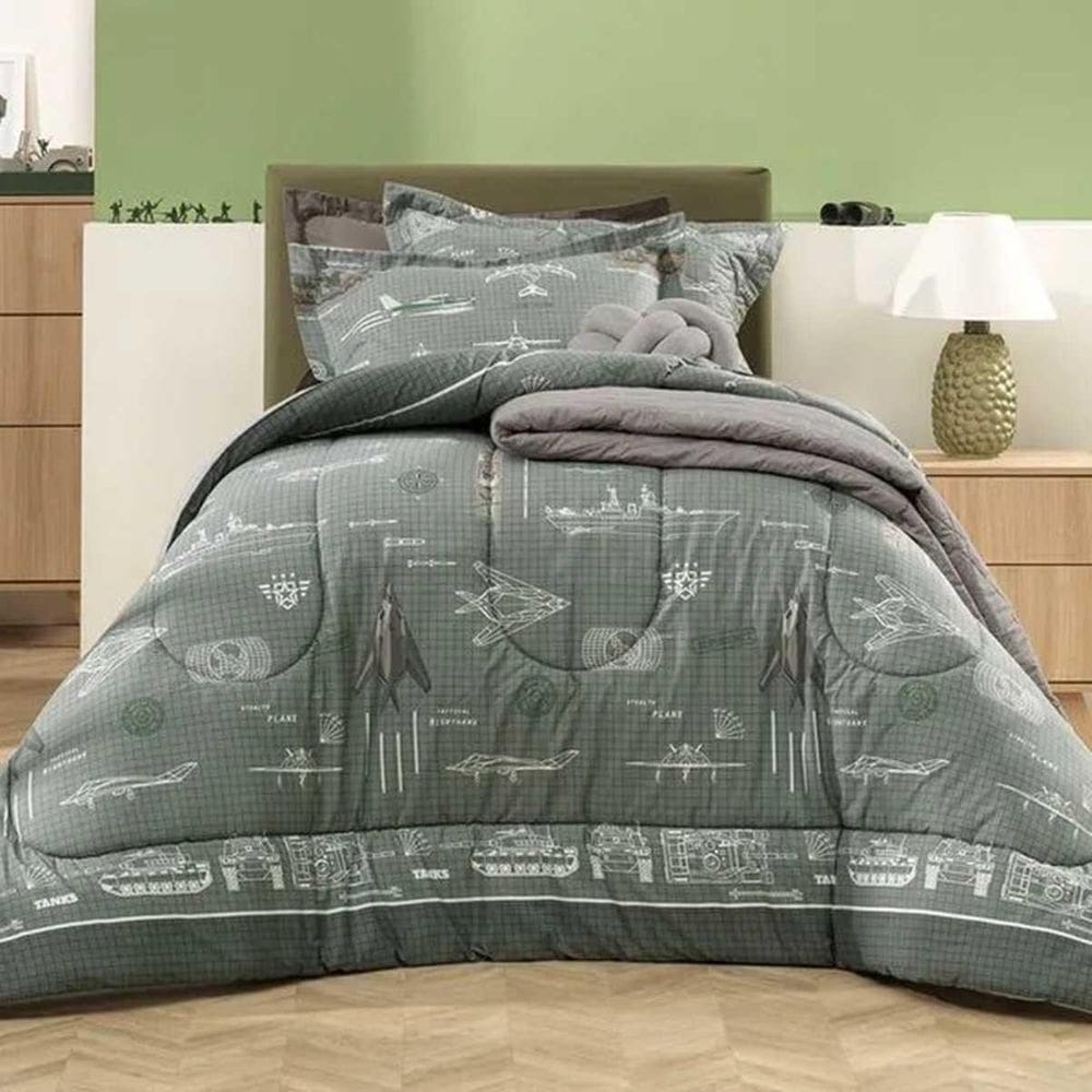 Kit Colcha Infantil Solteiro 200 Fios Militar Ii 100%