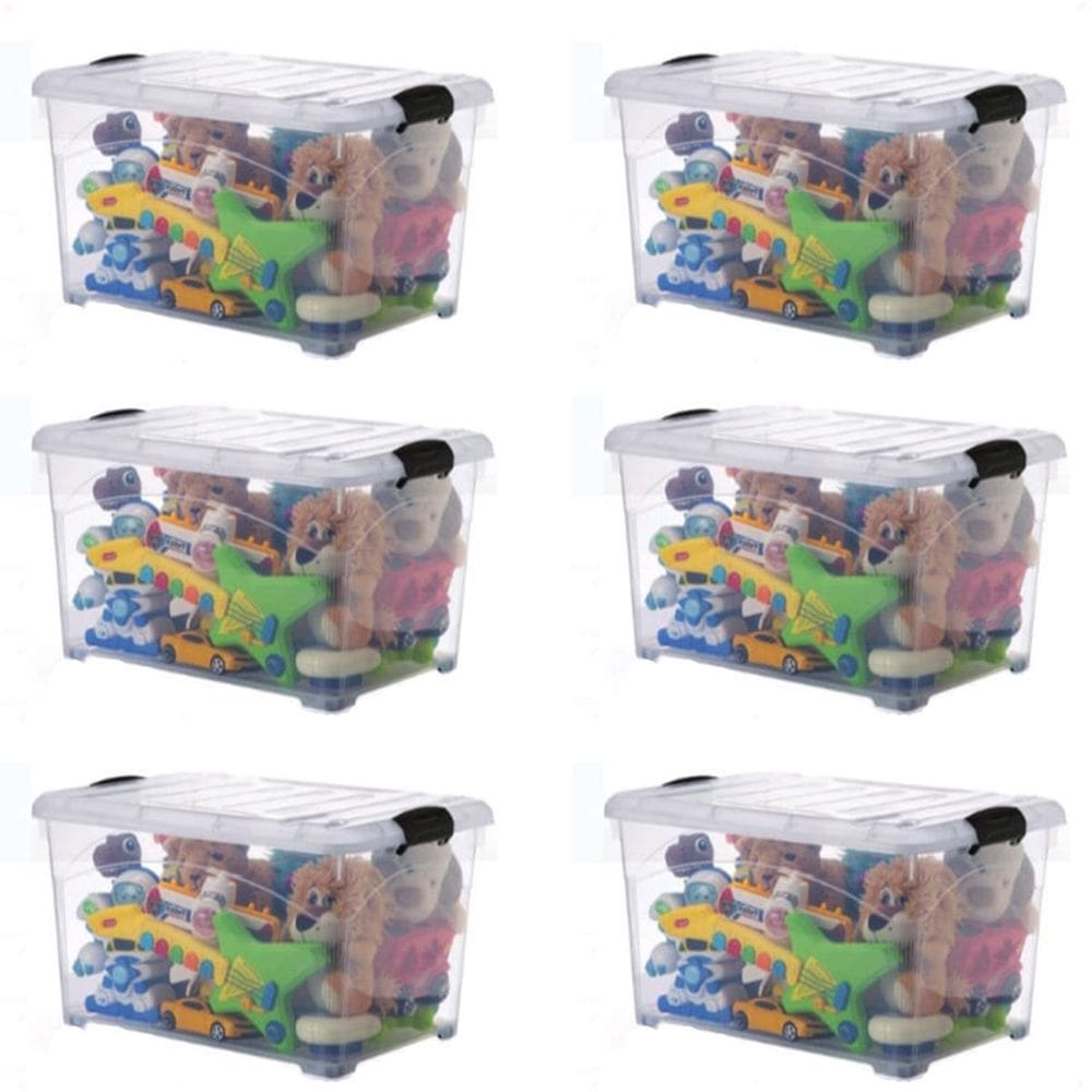 6 Caixas Organizadoras 45 Lts Transparente Travas E Rodinhas