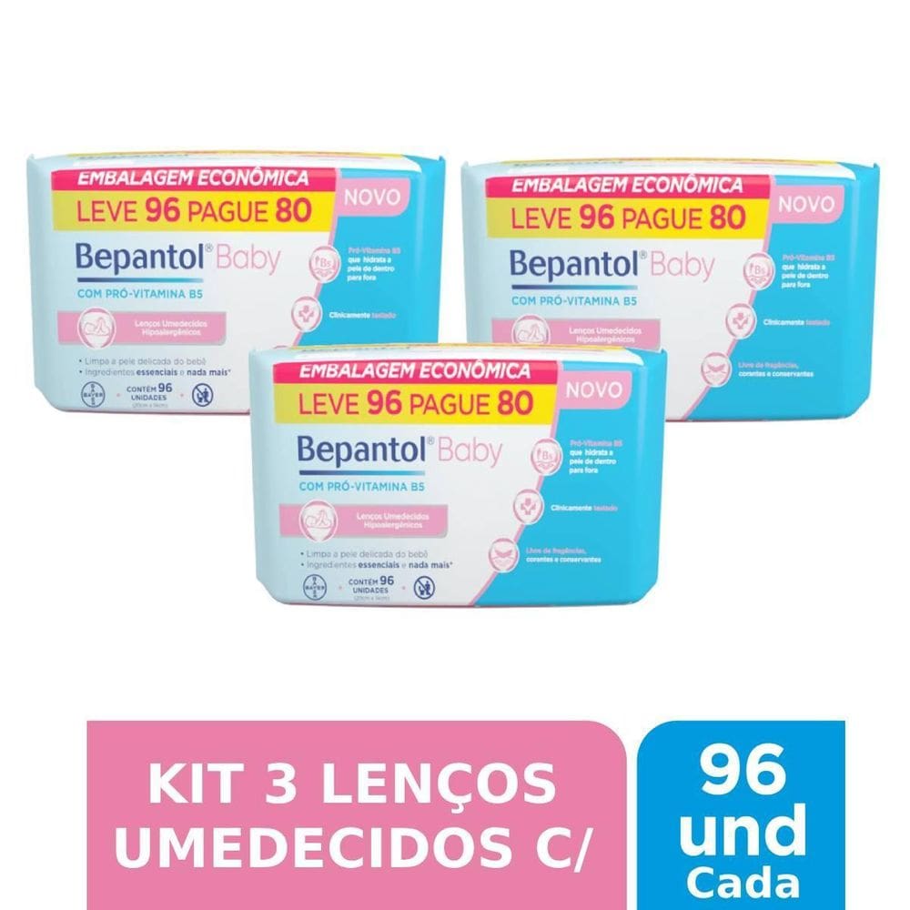 Kit 3 Lenços Umedecidos Hipoalergênicos 96Un Cada - Bepantol