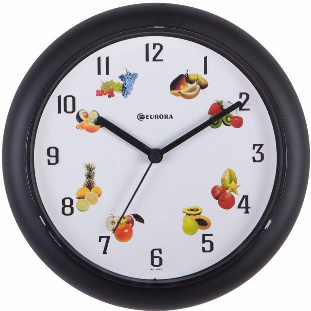 Relógio De Parede Eurora Frutas Preto Com Mostrador Branco