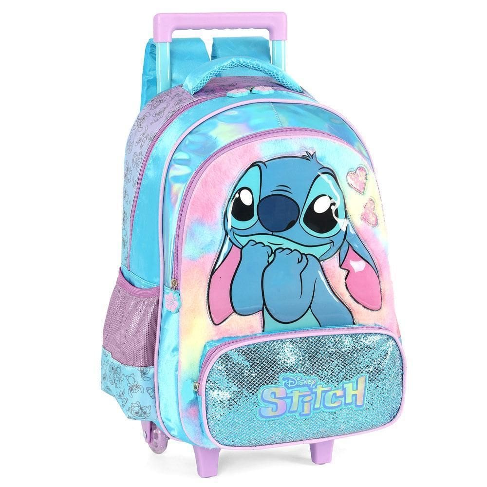 Mochila Rodinhas 18 Com Alça Stitch Fluffy Azul Luxcel