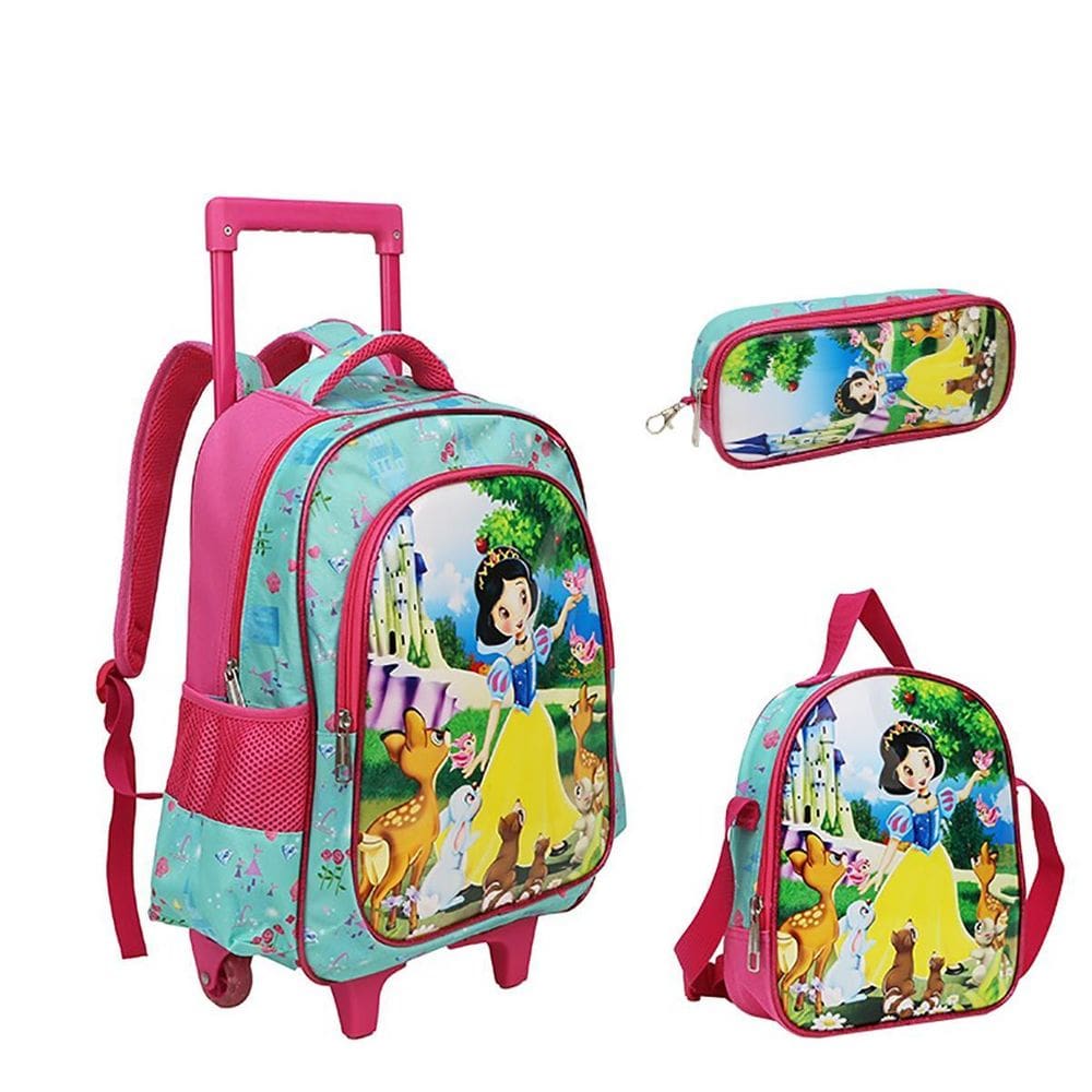 Kit Mochila Com Rodinhas E Lancheira + Estojo Branca Animais