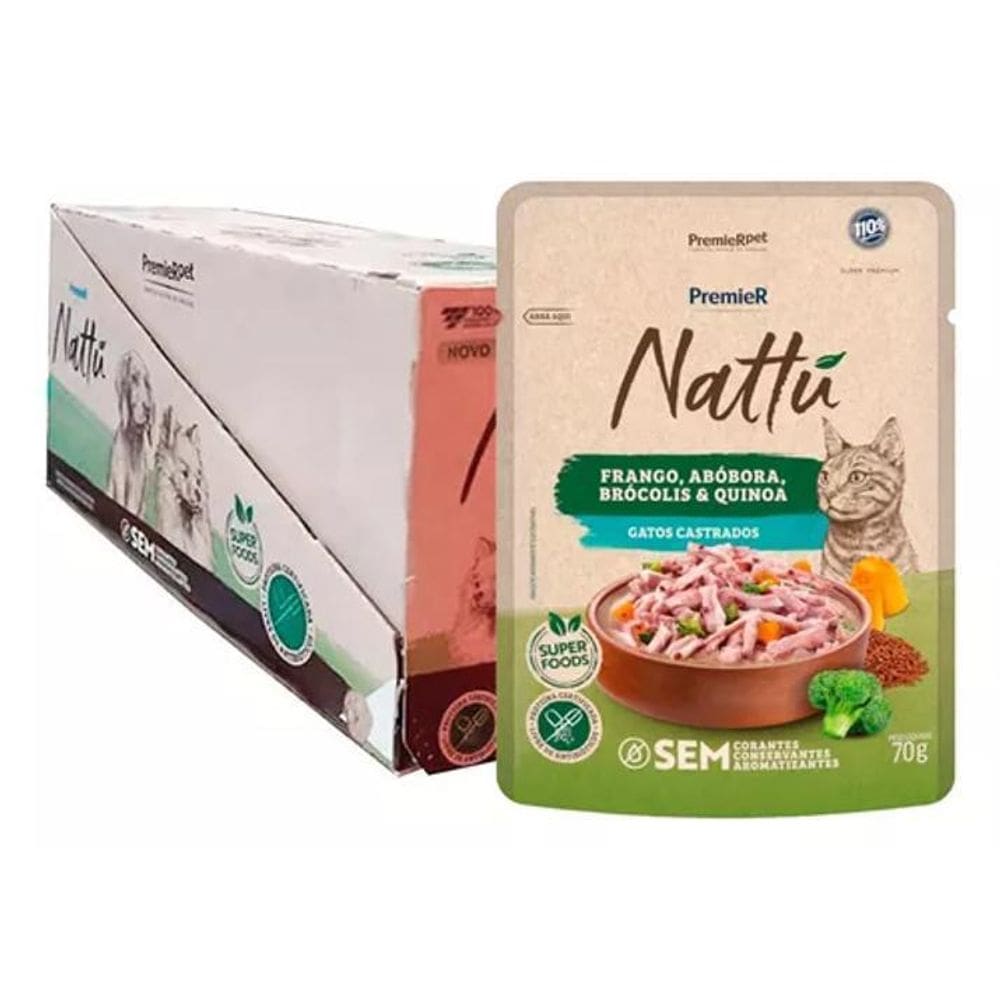 Kit 20Un. Ração Úmida Premier Nattu Sachê Gatos Castrados