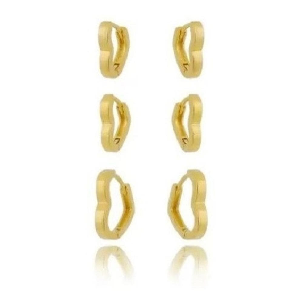Trio Brinco Argola Coração Dourado Folheado A Ouro 18K