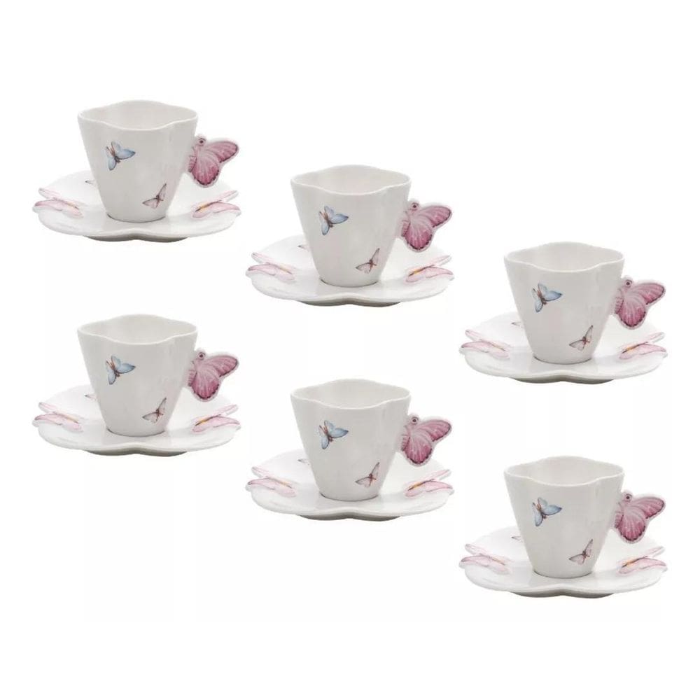 6 Xícaras De Café E Pires Porcelana Borboletas Branco 100Ml