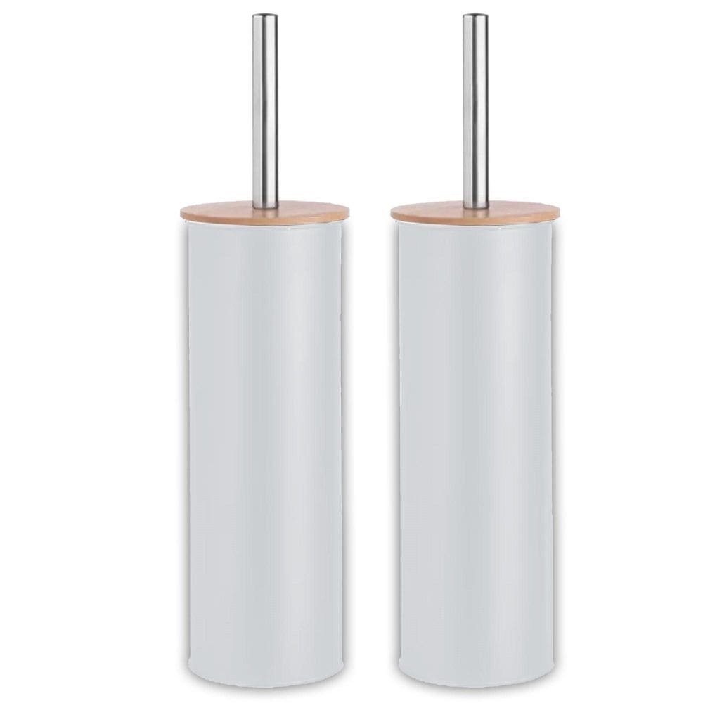 Kit 2 Escova Sanitária Com Tampa De Bambu E Suporte Branco