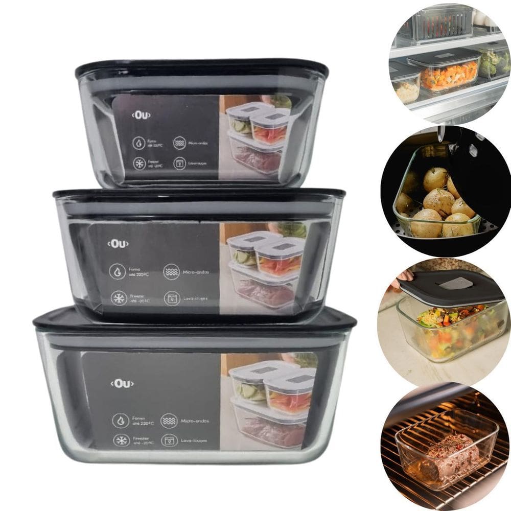Kit 3 Potes De Vidro Hermético Microondas Air Fryer Freezer