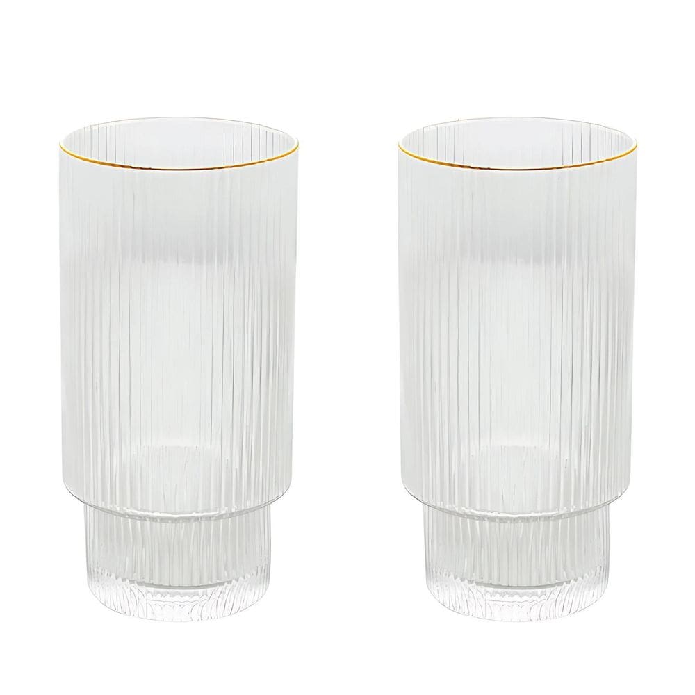 Jogo 2 Copos Altos 400Ml Cristal Canelado Borda Dourada Ouro