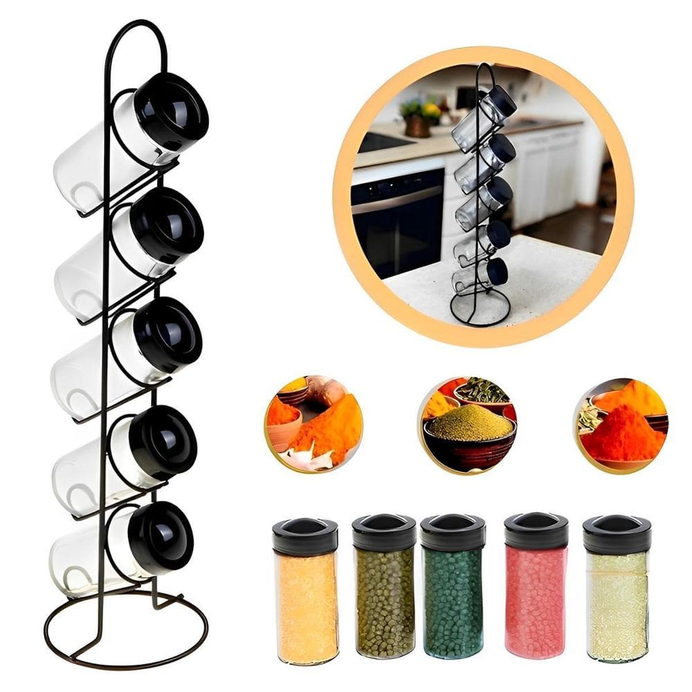 Porta Temperos Condimentos Com 5 Potes Em Vidro Com Suporte