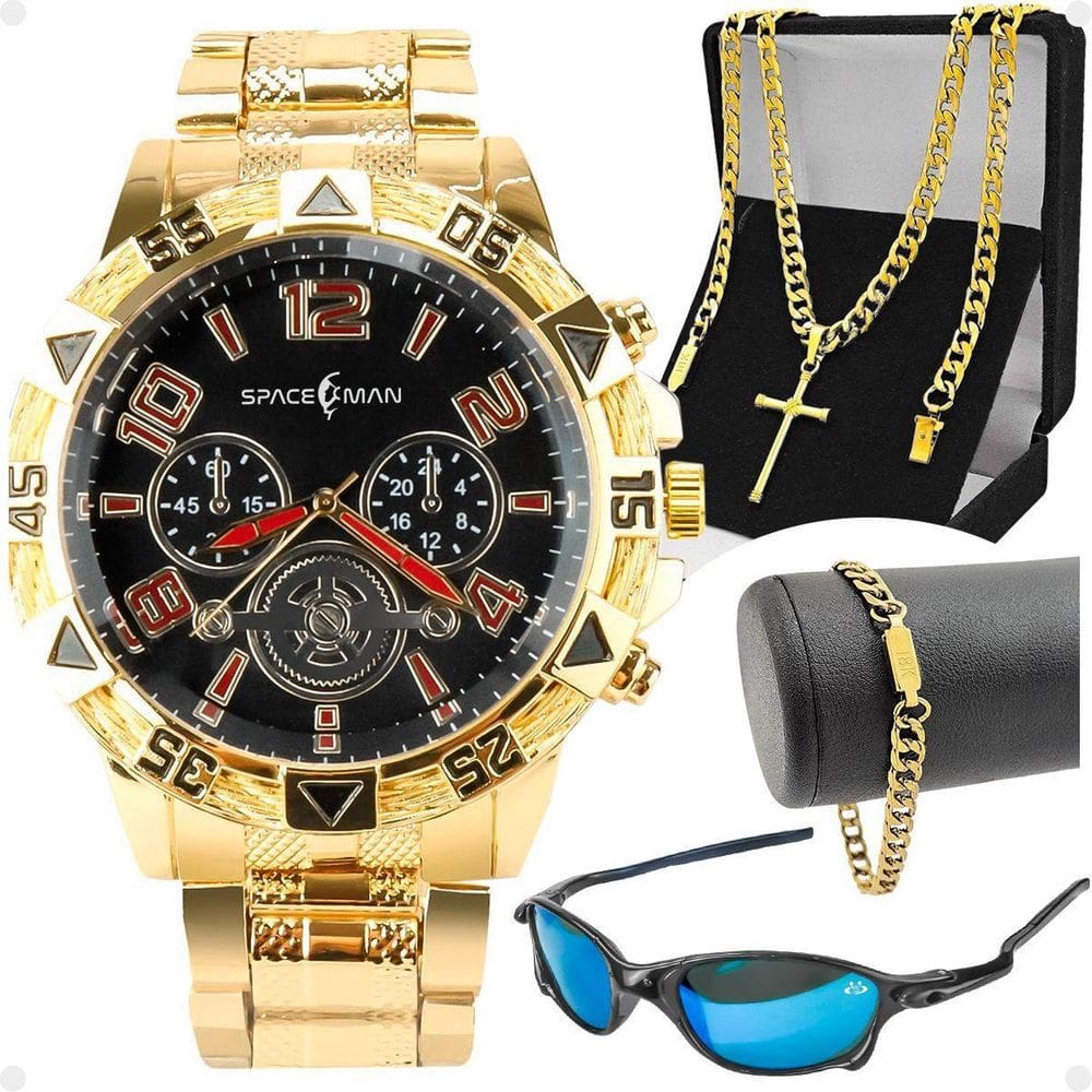 Relogio Masculino Dourado + Cordão + Pulseira + Oculos Sol