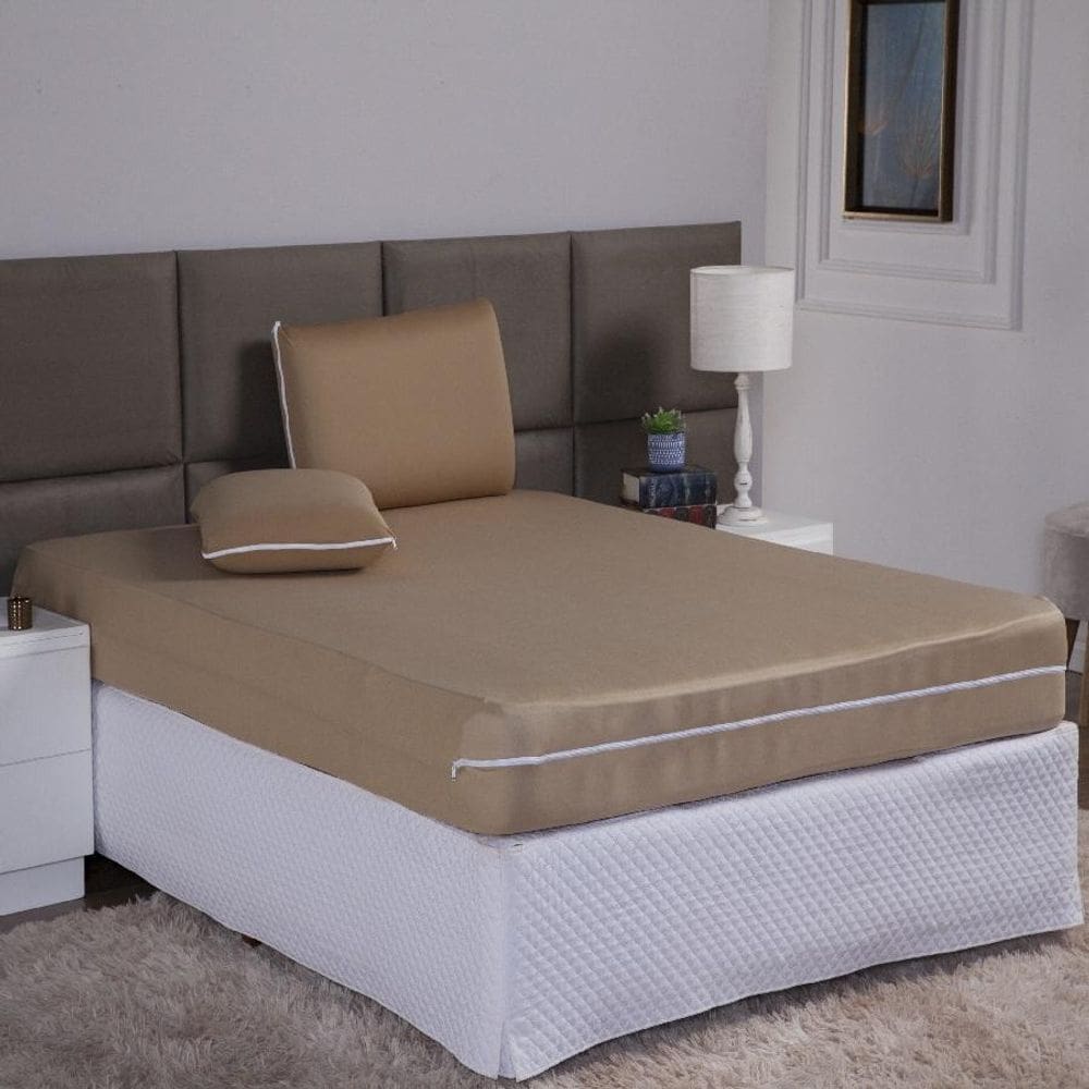 Capa De Colchão Casal 25Cm + Fronha Zíper Malha Lisa 3 Peças