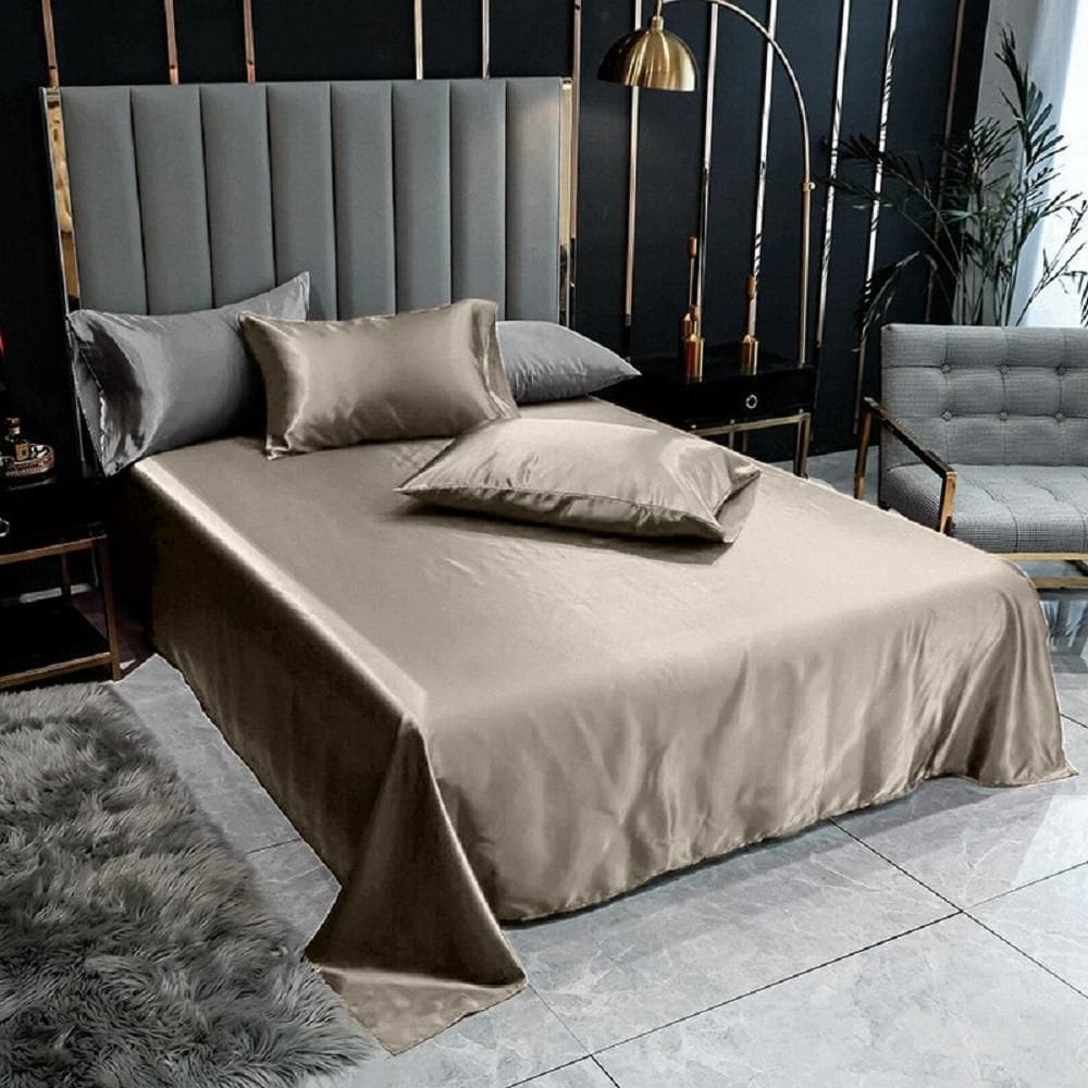 Lençol Superior Casal Padrão Com 2 Fronhas Cetim Seda Bege