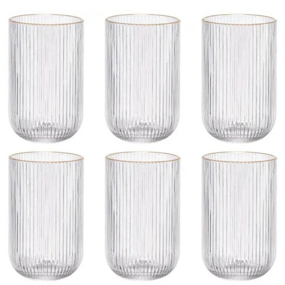 Jogo De Copo Camelia Clear Gold Vidro 420Ml 6 Peças Canelado