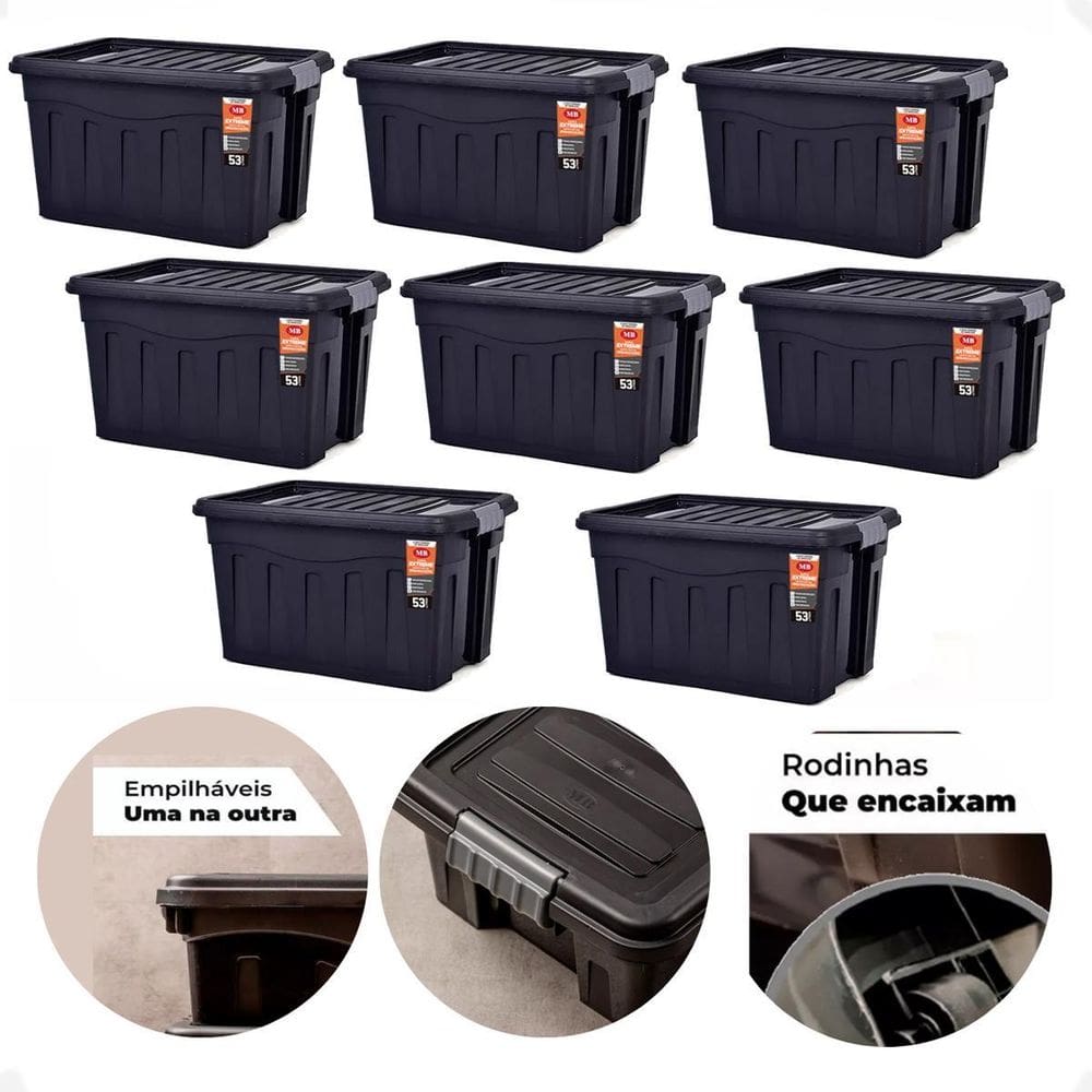 Kit 8 Caixas Contêiner Organizador Multiuso 53 Litros Preto
