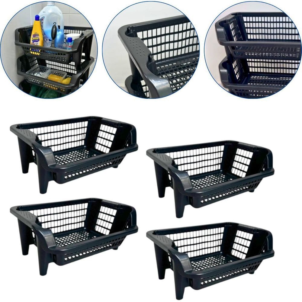 Kit 4 Cesto Plástico Expositor Empilhável Preto 16 Litros