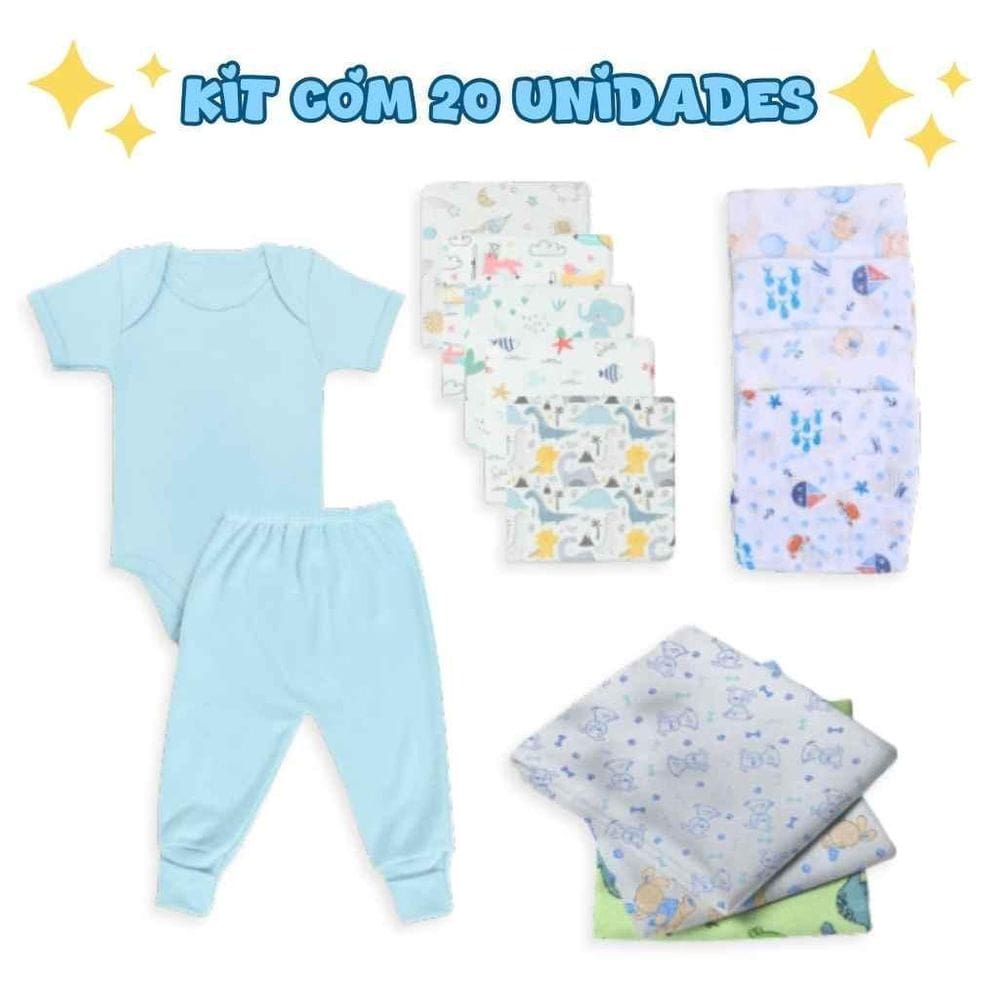 Enxoval Bebe 20 Pç Cueiro Fralda Toalha Banho E Roupa Azul