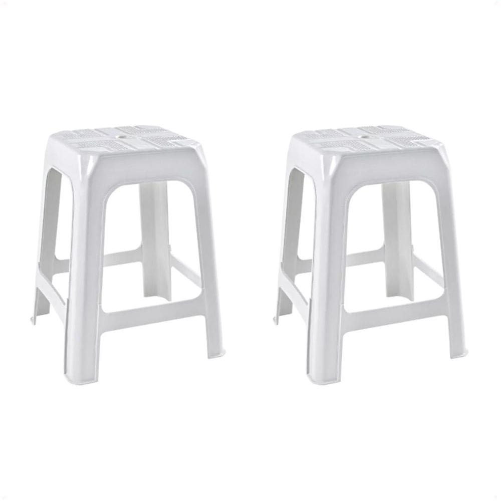 2 Banquetas Banco Plástico Resistente Branco Empilhável 46Cm