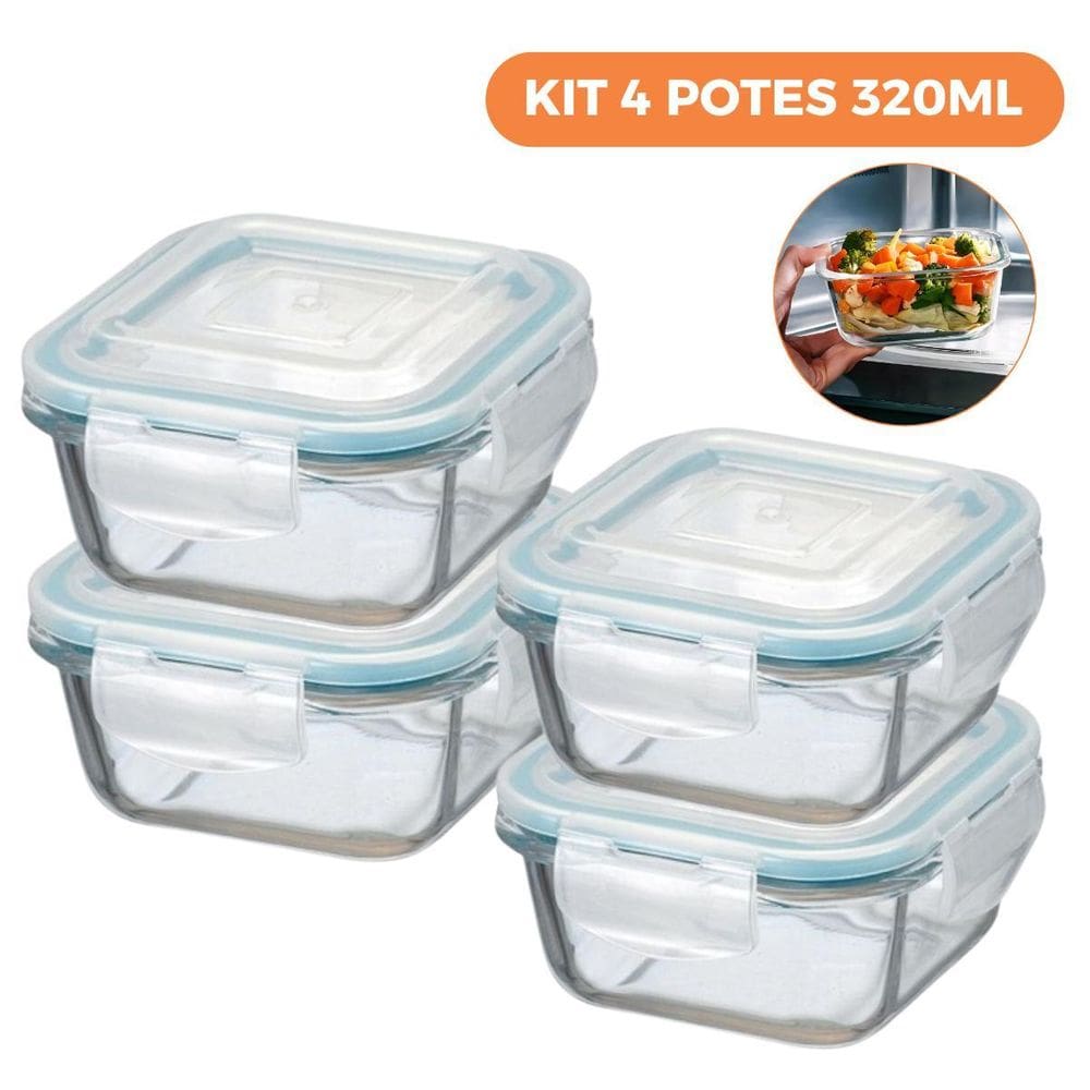 Kit 4 Potes De Vidro Herméticos Quadrados 320Ml - Ad