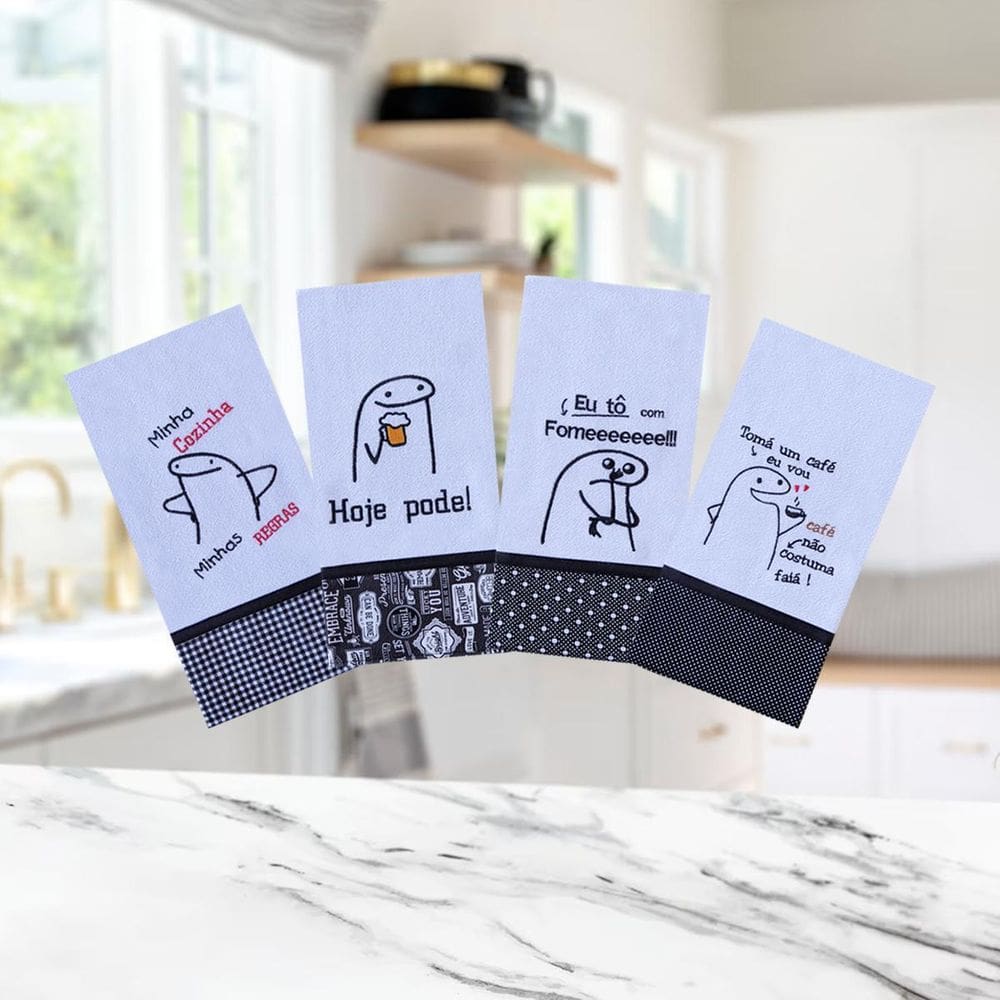 Jogo Pano De Prato Bordado Memes Bentô 100% Algodão Kit 4