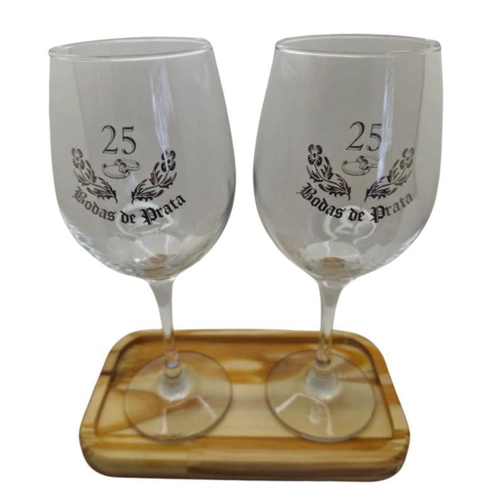 Kit 2 Taças Bandeja Bodas Prata 25 Anos Personalizada Vinho