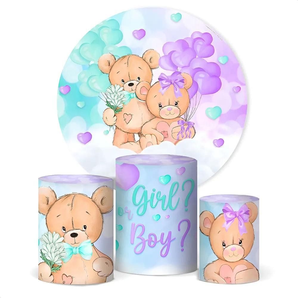 Painel De Festa E Capa Cilindro D Chá Revelação Verde E Lilá