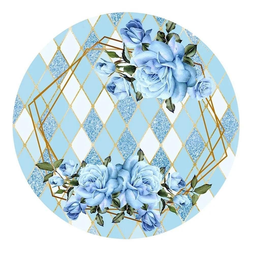 Painel De Festa Redondo Decoração De An Flores Geométrico Az