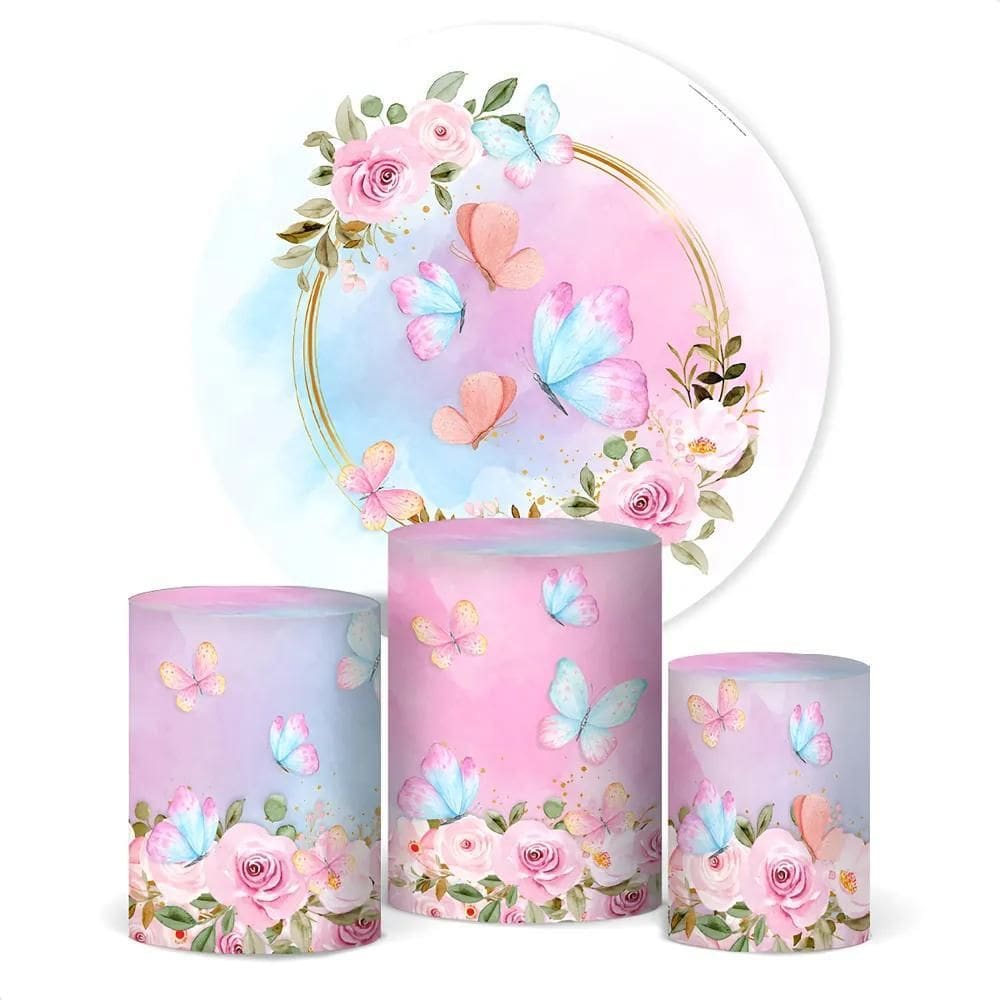 Painel De Festa E Capa Cilindro Decoração Subl Borboleta Ros