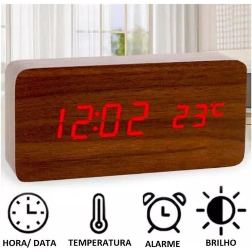 Relógio Mesa Quadrado Madeira Led Digital Data Hora