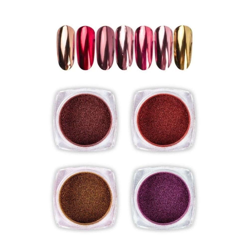Kit 4 Pó Cromo Metalizado Decoração Unhas + 3 Aplicadores
