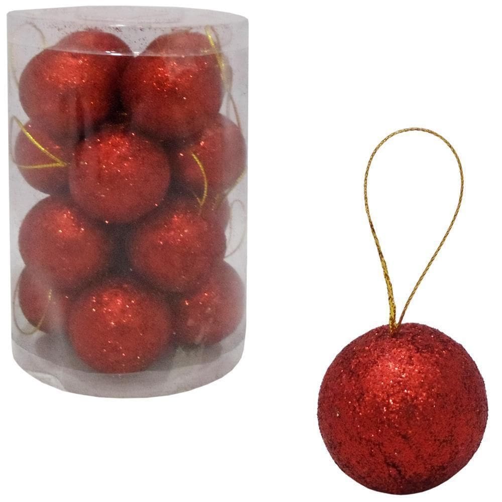 Bola De Natal Vermelha Com Glitter 16 Peças 3Cm