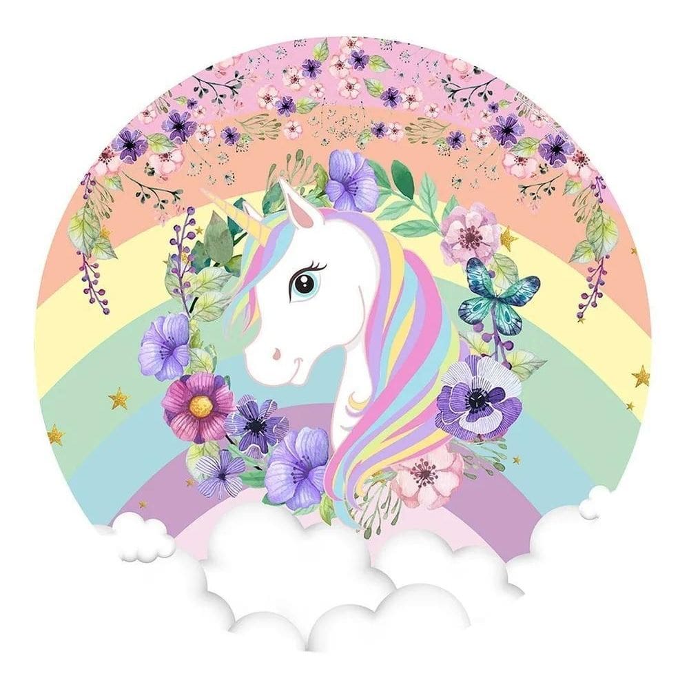 Painel De Festa Redondo Decoração De Aniversá Unicórnio Flor