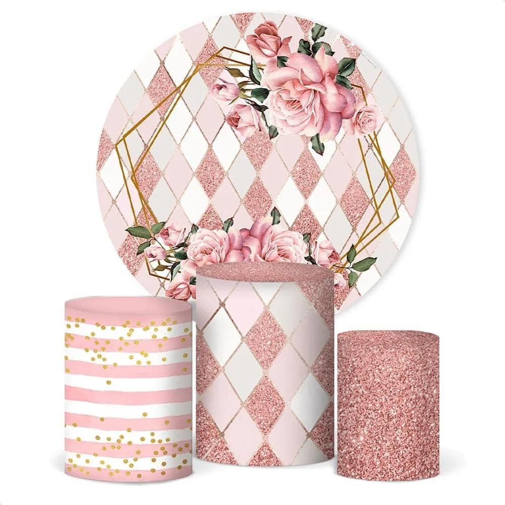 Painel De Festa E Capa Cilindro Decora Flores Geométrico Ros