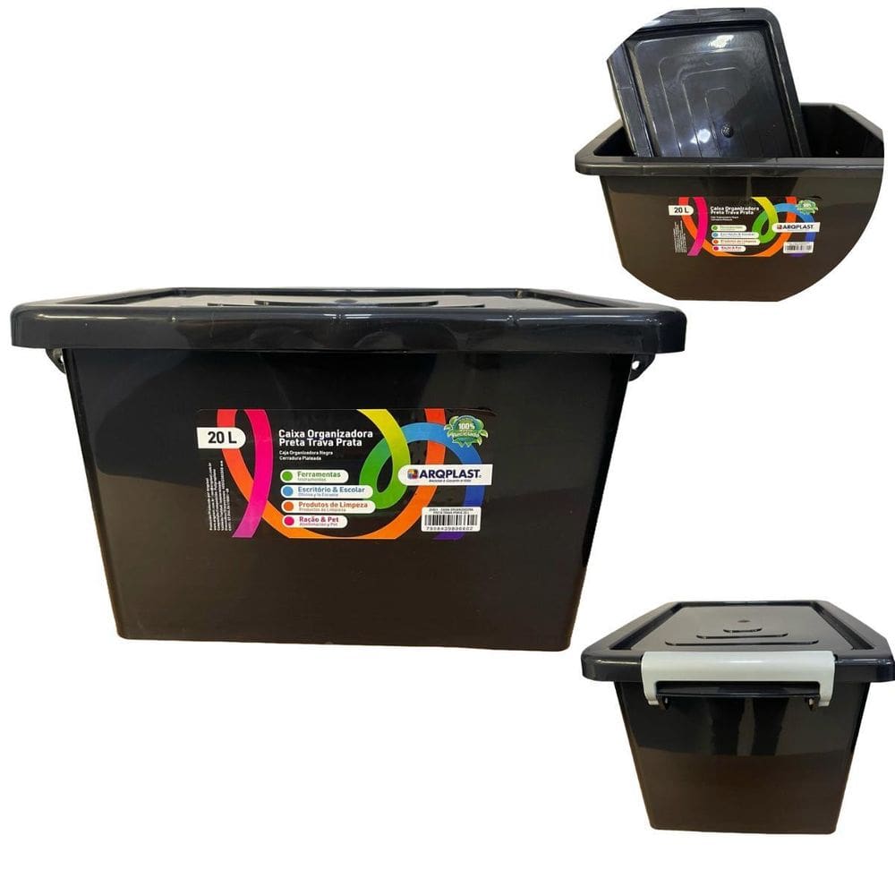 Caixa Organizadora Multiuso Preta Com E Trava Prata 20 Lts