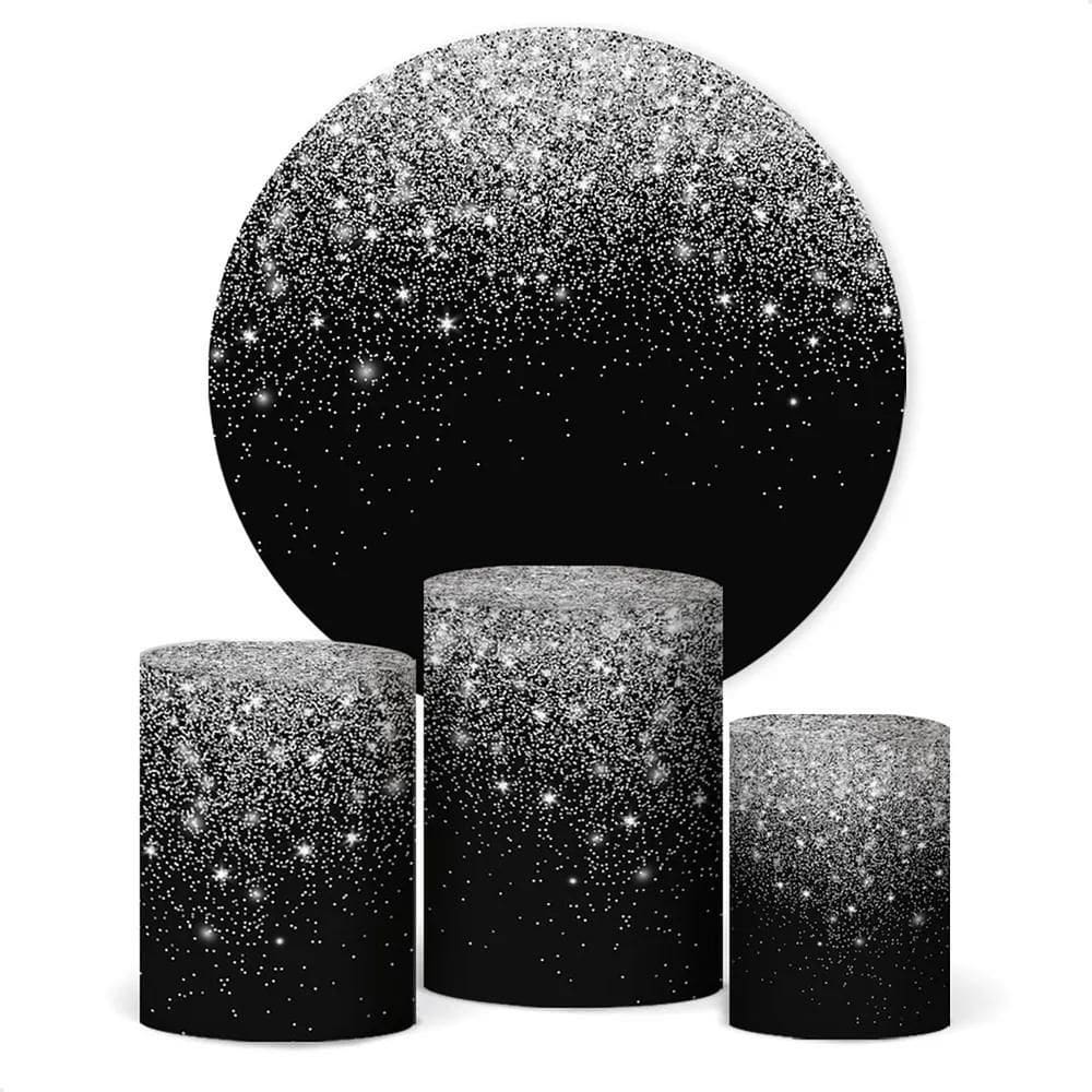 Painel De Festa E Capa Cilindro Decoração Glitter Prata Pret