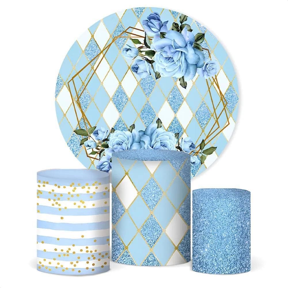 Painel De Festa E Capa Cilindro Decora Flores Geométrico Azu