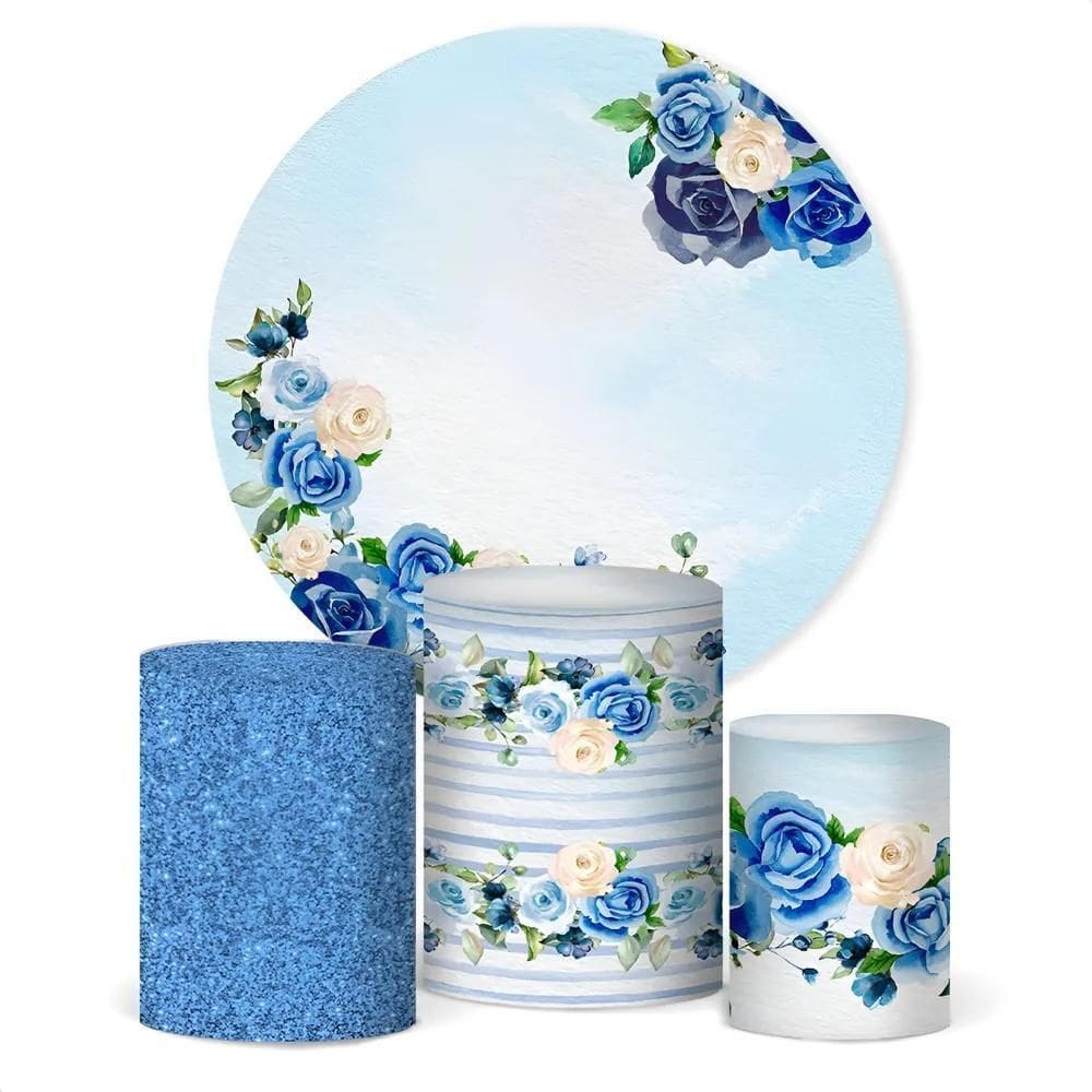 Painel De Festa E Capa Cilindro Decoração Sublima Floral Azu
